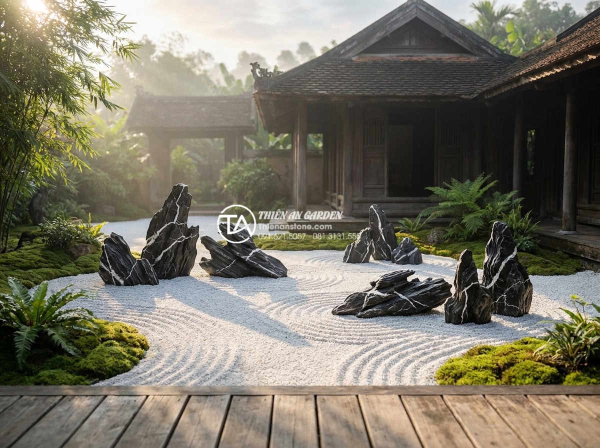 Tiểu cảnh thiền Nhật Bản: Nghệ thuật sắp đặt đá và cát Karesansui - High-resolution landscape photography of a classic Japanese Karesansui Zen rock