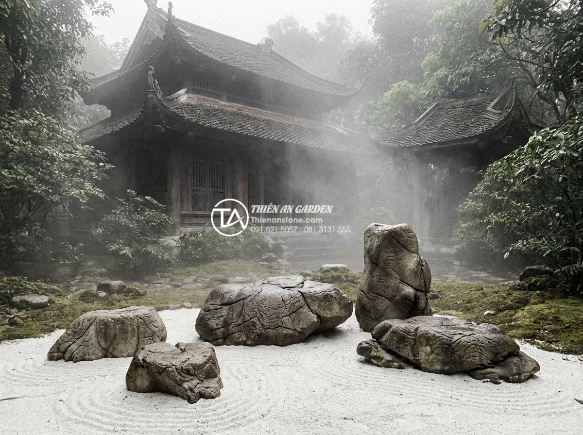 Tiểu cảnh thiền Nhật Bản: Nghệ thuật sắp đặt đá và cát Karesansui - Hình 3 Tiểu cảnh thiền Nhật Bản: Nghệ thuật sắp đặt đá và cát Karesansui - Historical black and white archival style photograph blended with modern color o