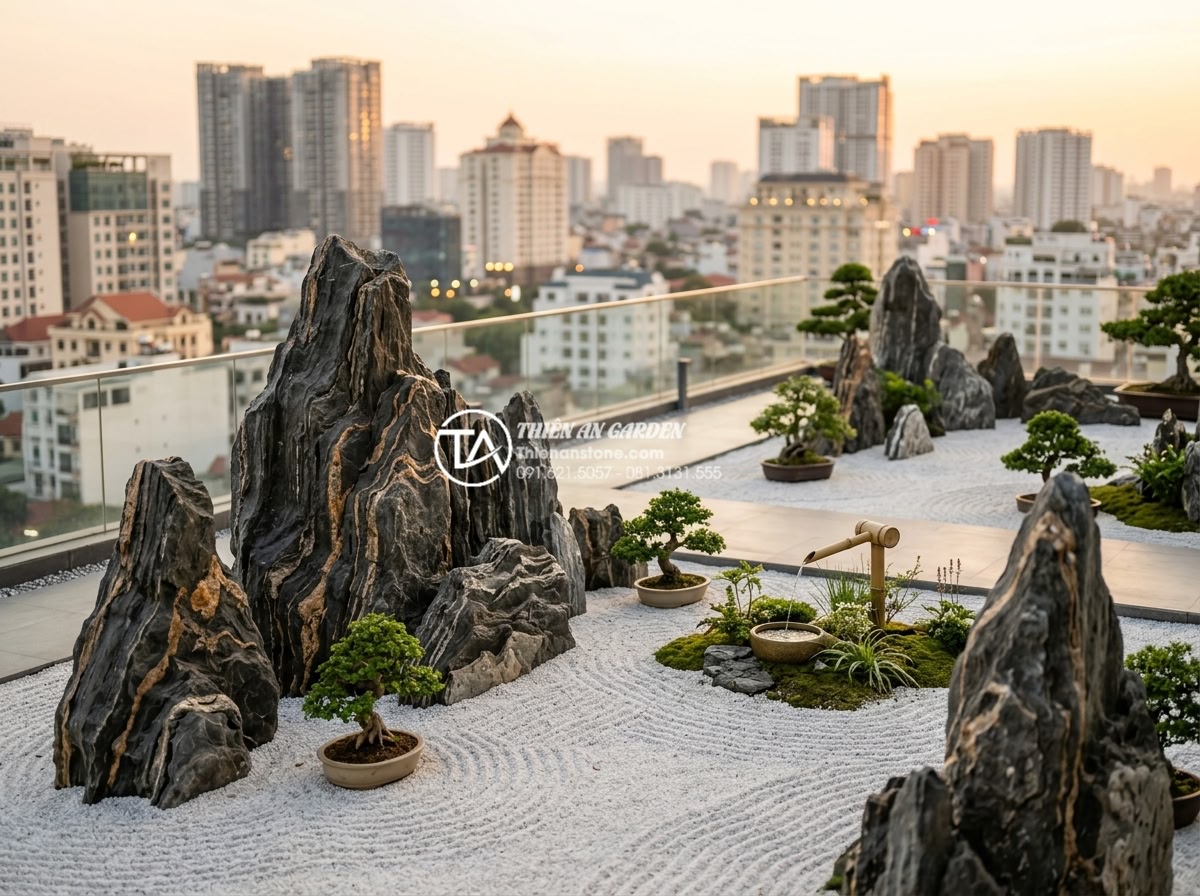 Tiểu cảnh thiền sân thượng: Tạo ốc đảo bình yên giữa lòng thành phố - Hình 1 Tiểu cảnh thiền sân thượng: Tạo ốc đảo bình yên giữa lòng thành phố - A panoramic view of a modern rooftop zen garden on a city high-rise, featuring l