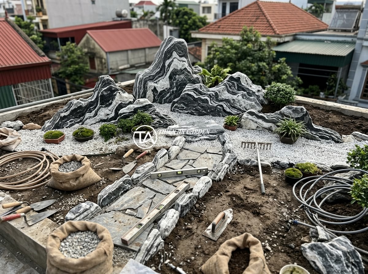 Tiểu cảnh thiền sân thượng: Tạo ốc đảo bình yên giữa lòng thành phố - Hình 16 Tiểu cảnh thiền sân thượng: Tạo ốc đảo bình yên giữa lòng thành phố - Team of expert artisans from Da Canh Thien An constructing a detailed rooftop ze
