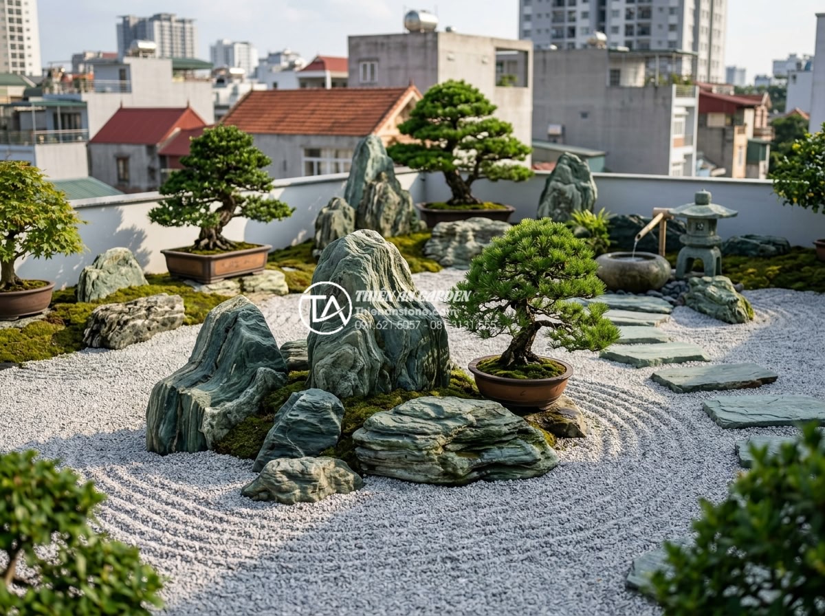 Tiểu cảnh thiền sân thượng: Tạo ốc đảo bình yên giữa lòng thành phố - Hình 17 Tiểu cảnh thiền sân thượng: Tạo ốc đảo bình yên giữa lòng thành phố - Maintenance worker gently raking gravel and pruning bonsai in a well-kept roofto