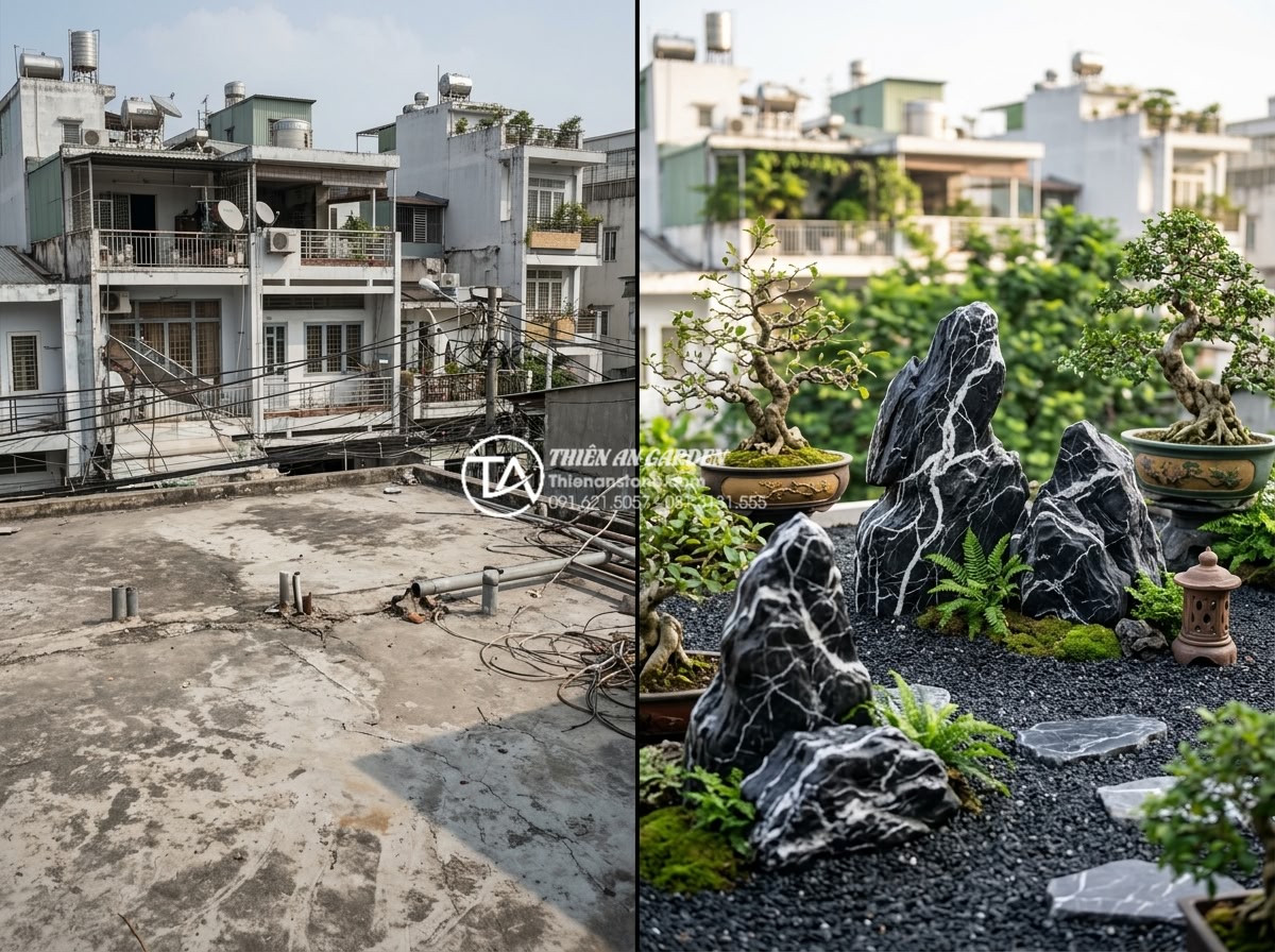 Tiểu cảnh thiền sân thượng: Tạo ốc đảo bình yên giữa lòng thành phố - Hình 4 Tiểu cảnh thiền sân thượng: Tạo ốc đảo bình yên giữa lòng thành phố - Before and after comparison of a bare concrete rooftop transformed into a serene