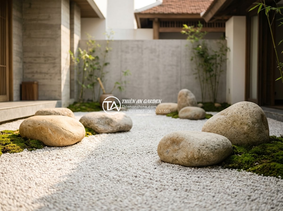 Tiểu cảnh thiền và phong cách tối giản Wabi-sabi: Sự kết hợp hoàn hảo - Hình 1 Tiểu cảnh thiền và phong cách tối giản Wabi-sabi: Sự kết hợp hoàn hảo - Serene minimalist Zen garden in Wabi-sabi style featuring large irregular natura