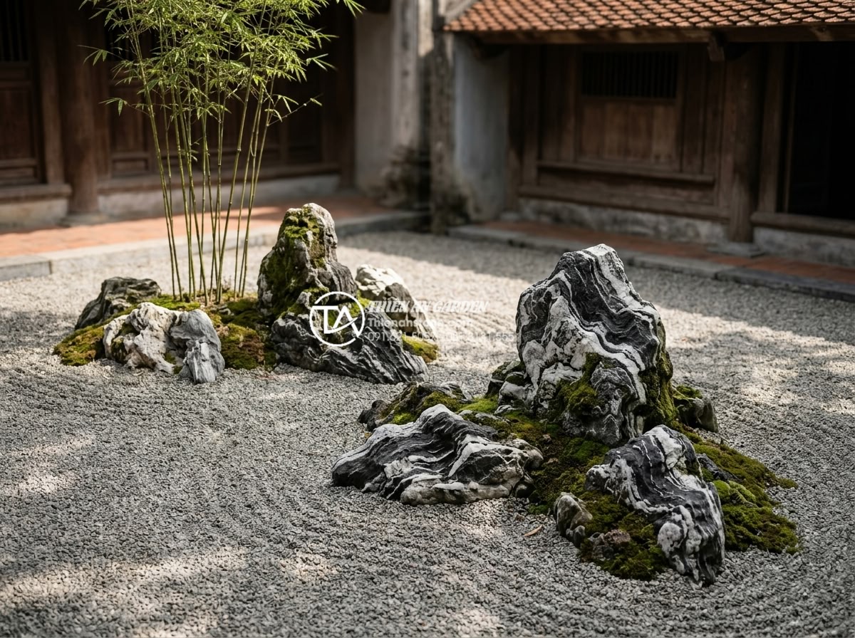 Tiểu cảnh thiền và phong cách tối giản Wabi-sabi: Sự kết hợp hoàn hảo - Hình 5 Tiểu cảnh thiền và phong cách tối giản Wabi-sabi: Sự kết hợp hoàn hảo - Wabi-sabi Zen garden design principles visualized with asymmetrical natural ston