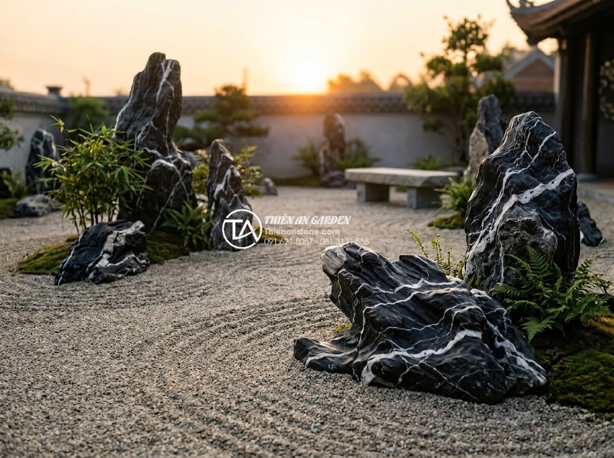 Tiểu cảnh thiền và phong cách tối giản Wabi-sabi: Sự kết hợp hoàn hảo - Hình 7 Tiểu cảnh thiền và phong cách tối giản Wabi-sabi: Sự kết hợp hoàn hảo - Peaceful Wabi-sabi Zen garden at sunrise with natural stone elements glowing in