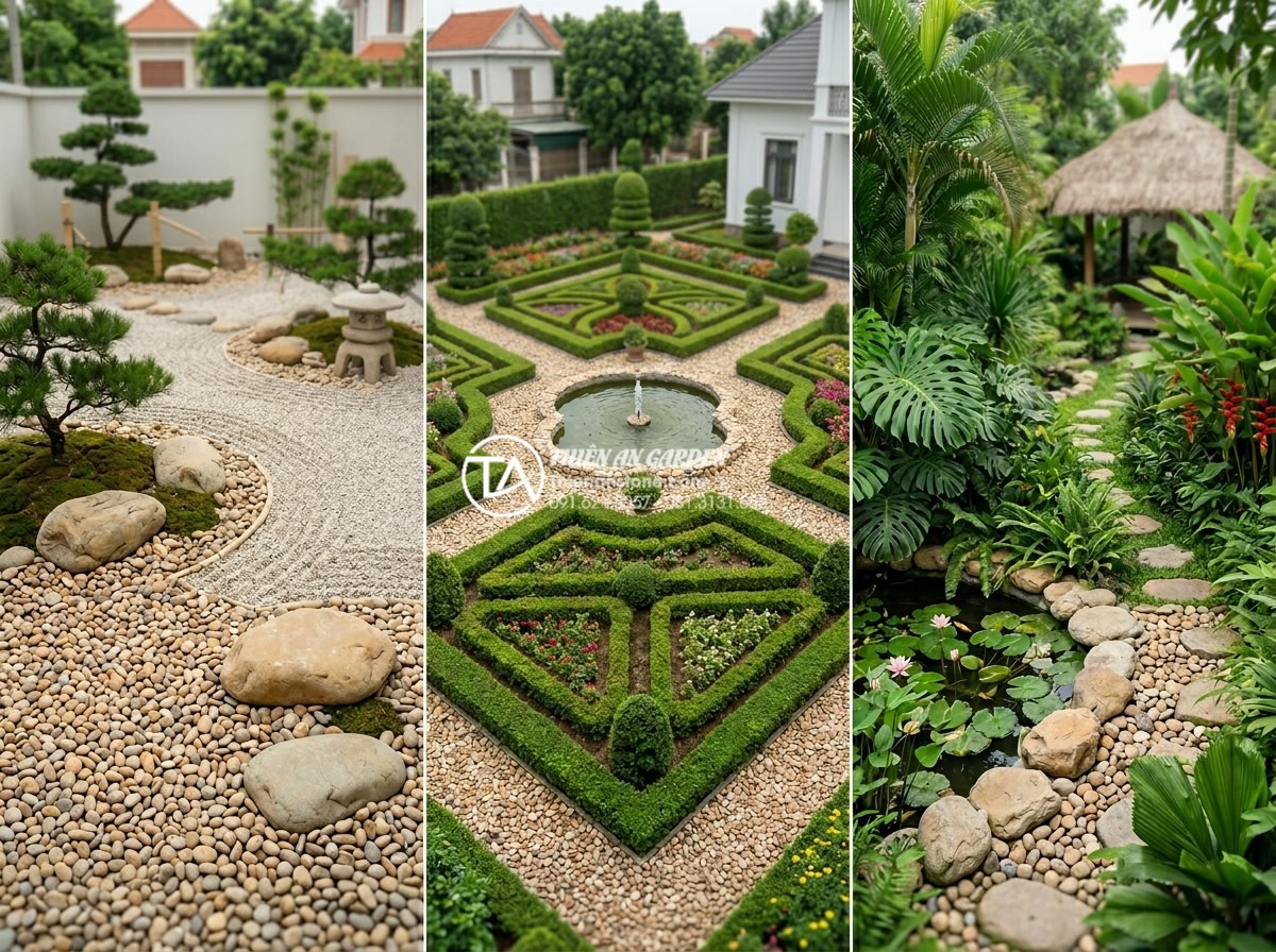Tiểu cảnh thiền và phong cách tối giản Wabi-sabi: Sự kết hợp hoàn hảo - Hình 8 Tiểu cảnh thiền và phong cách tối giản Wabi-sabi: Sự kết hợp hoàn hảo - Comparative visual of different garden styles side by side with focus on Wabi-sa