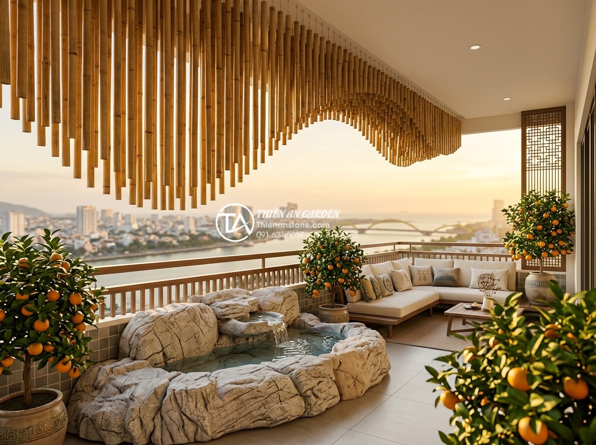 Tiểu cảnh treo ống tre: Giải pháp xanh sáng tạo cho ban công chung cư - Hình 4 Tiểu cảnh treo ống tre: Giải pháp xanh sáng tạo cho ban công chung cư - Architectural visualization of a spacious corner balcony in a luxury apartment c