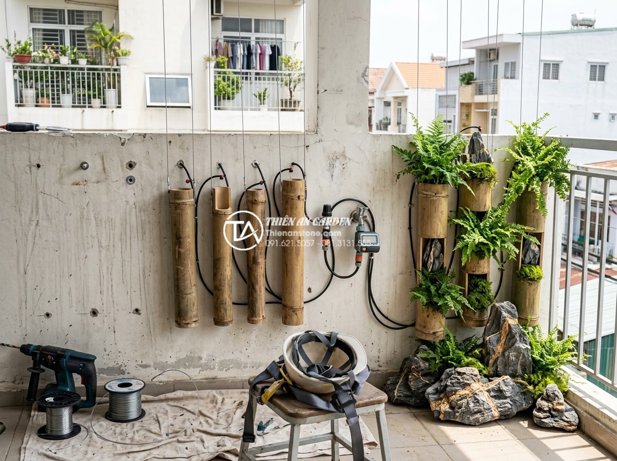 Tiểu cảnh treo ống tre: Giải pháp xanh sáng tạo cho ban công chung cư - Hình 6 Tiểu cảnh treo ống tre: Giải pháp xanh sáng tạo cho ban công chung cư - Step-by-step professional construction photography showing technicians from Thie