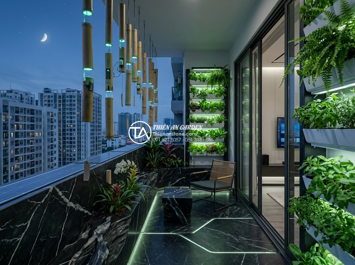 Tiểu cảnh treo ống tre: Giải pháp xanh sáng tạo cho ban công chung cư - Hình 9 Tiểu cảnh treo ống tre: Giải pháp xanh sáng tạo cho ban công chung cư - Futuristic conceptual rendering of a 2026 smart apartment balcony with hanging b