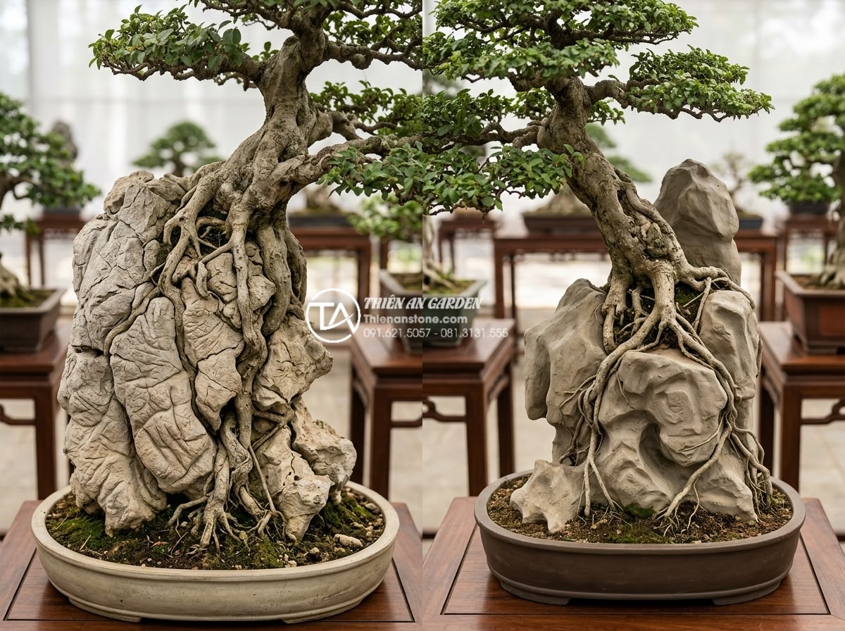 Tổng hợp các mẫu tiểu cảnh cây ôm đá độc bản tại các triển lãm 2025 - Side-by-side comparison photo of natural stone vs artificial stone bonsai setups