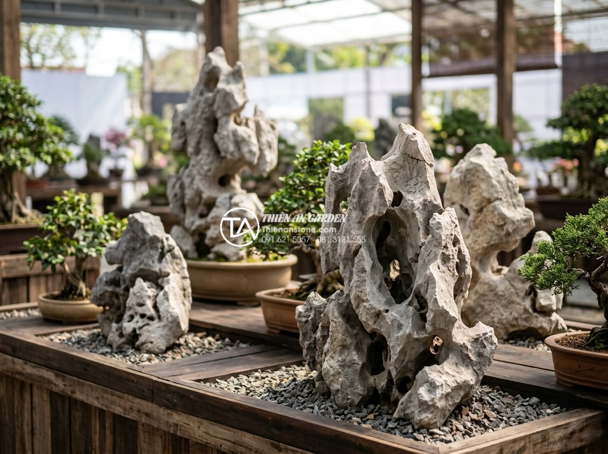 Tổng hợp các mẫu tiểu cảnh cây ôm đá độc bản tại các triển lãm 2025 - High-quality natural stone specimens ideal for tree-embracing art, arranged with
