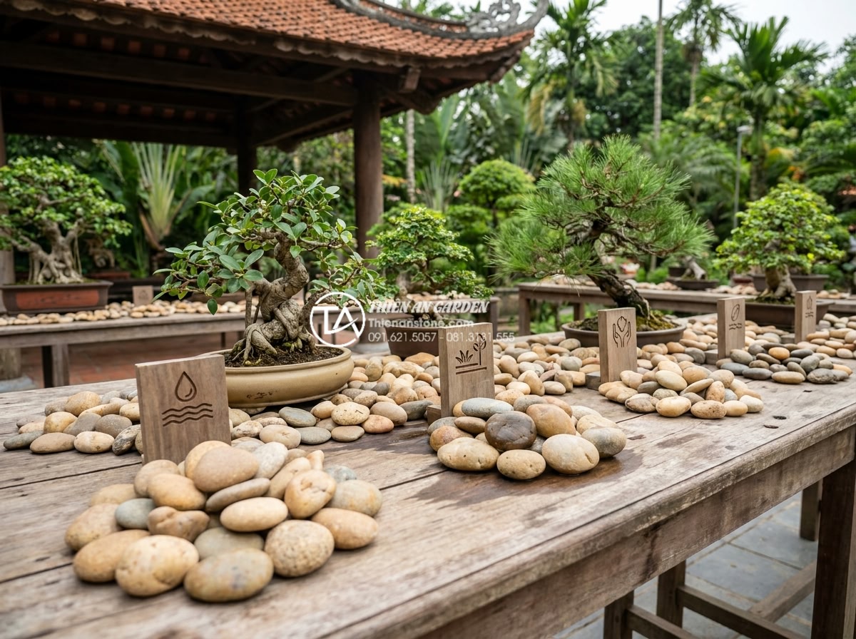 Tổng hợp các mẫu tiểu cảnh cây ôm đá độc bản tại các triển lãm 2025 - Comparative display table of different natural stones with attached bonsai examp