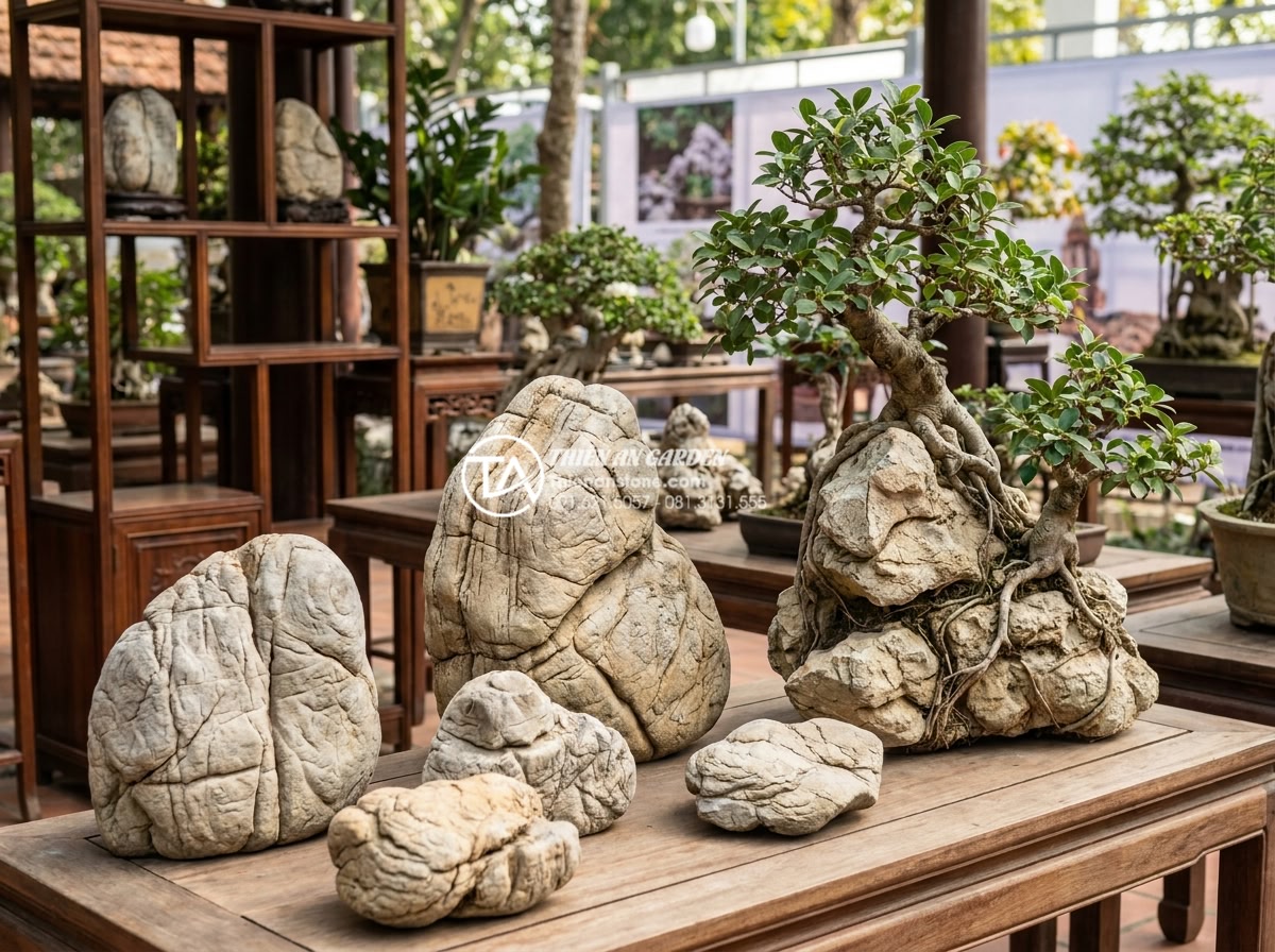 Tổng hợp các mẫu tiểu cảnh cây ôm đá độc bản tại các triển lãm 2025 - Variety of premium natural stones selected for stone-embracing bonsai art, neatl
