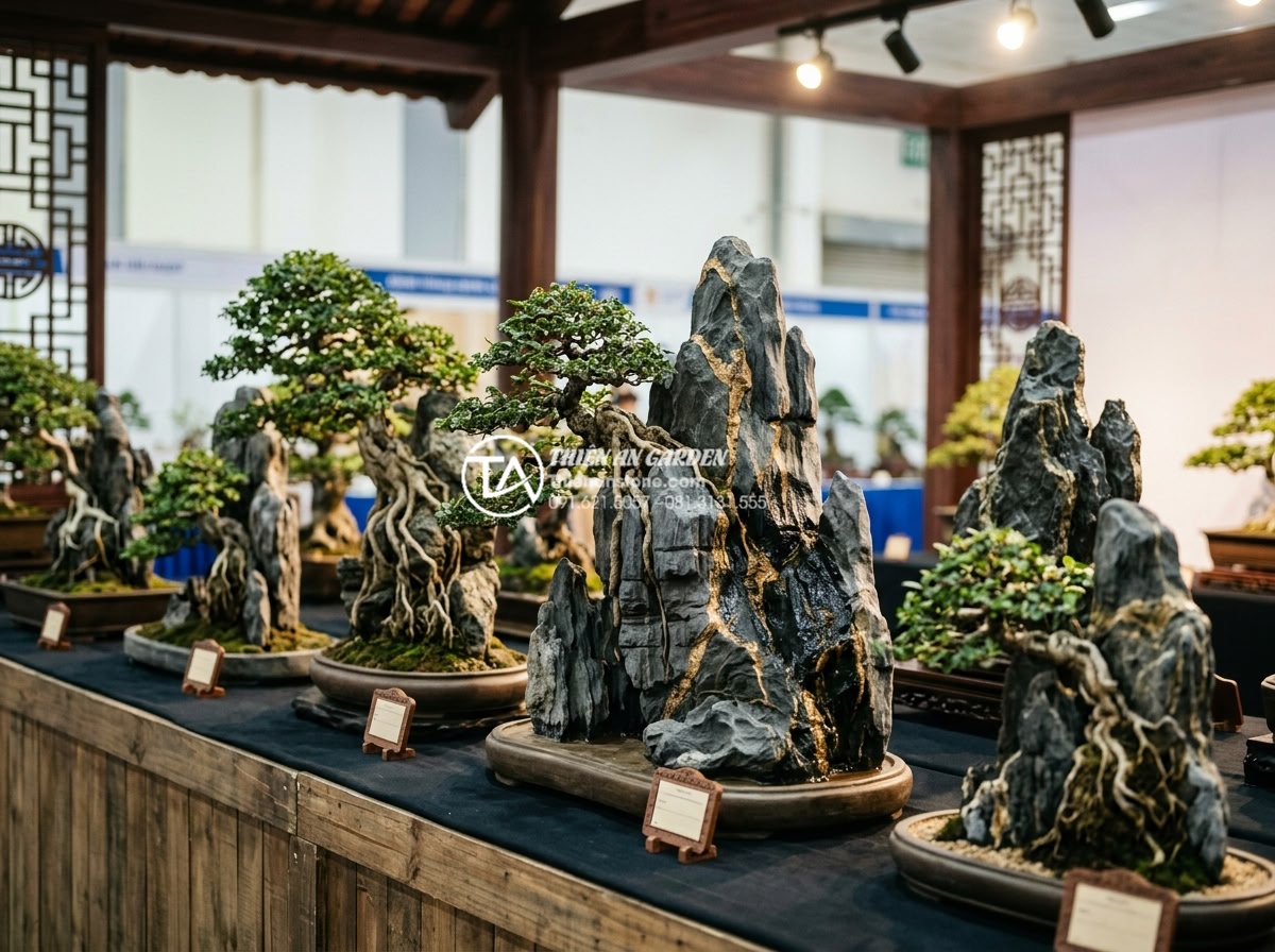 Tổng hợp các mẫu tiểu cảnh cây ôm đá độc bản tại các triển lãm 2025 - Group of authentic Japanese-inspired tree-stone artworks lined up in a 2025 exhi