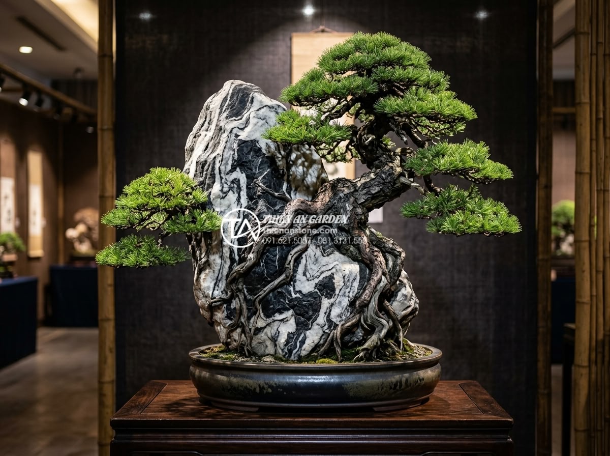 Tổng hợp các mẫu tiểu cảnh cây ôm đá độc bản tại các triển lãm 2025 - Chinese-style dramatic bonsai embracing a large marble-like stone with dragon-sh