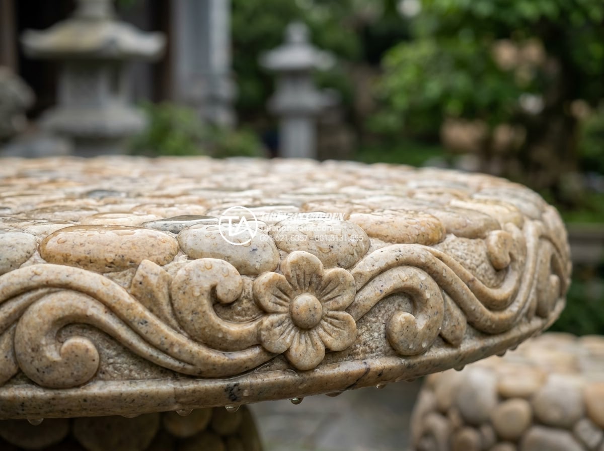 Top 10 mẫu bàn ghế đá tự nhiên Ninh Bình được đại gia săn đón - Hình 2 Top 10 mẫu bàn ghế đá tự nhiên Ninh Bình được đại gia săn đón - Macro close-up professional photograph of the intricate hand-carved floral and w
