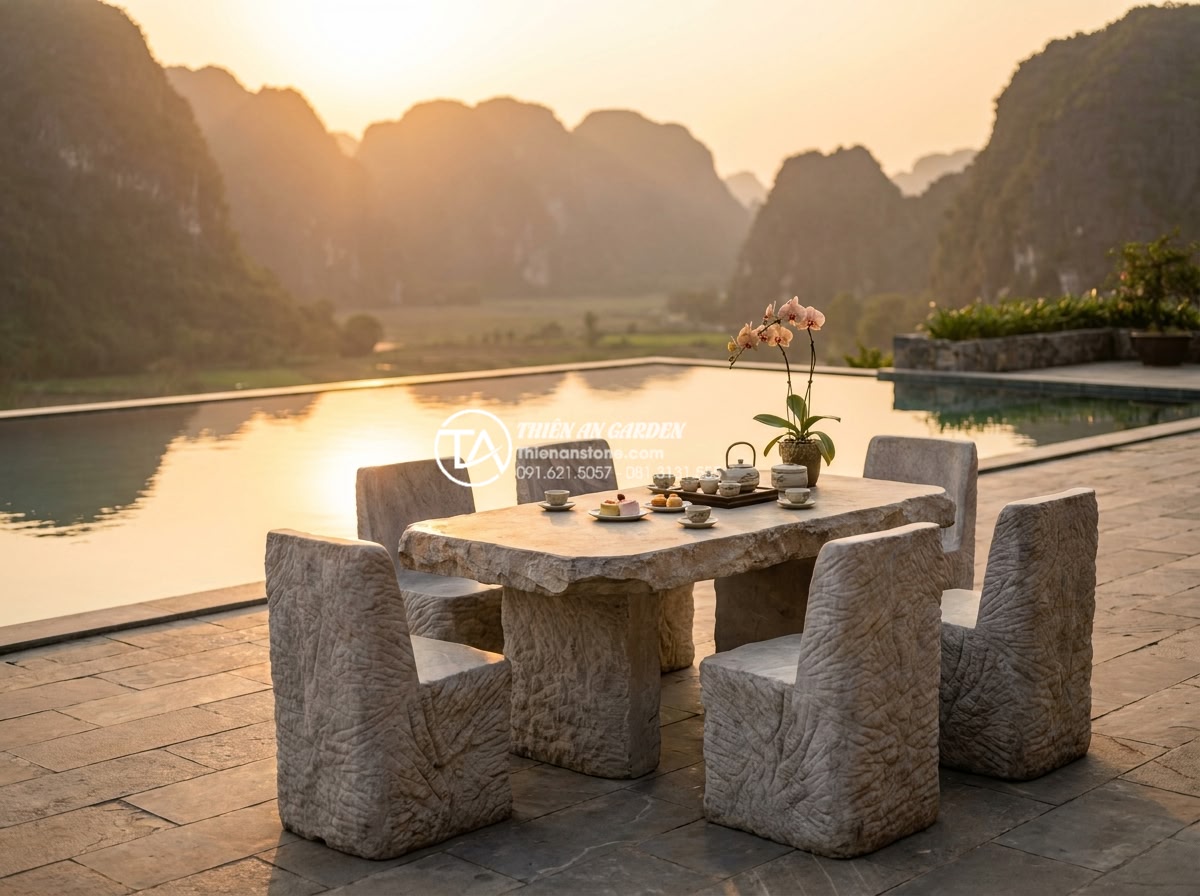 Top 10 mẫu bàn ghế đá tự nhiên Ninh Bình được đại gia săn đón - Hình 3 Top 10 mẫu bàn ghế đá tự nhiên Ninh Bình được đại gia săn đón - Luxury lifestyle photograph of a wealthy Vietnamese family enjoying afternoon te
