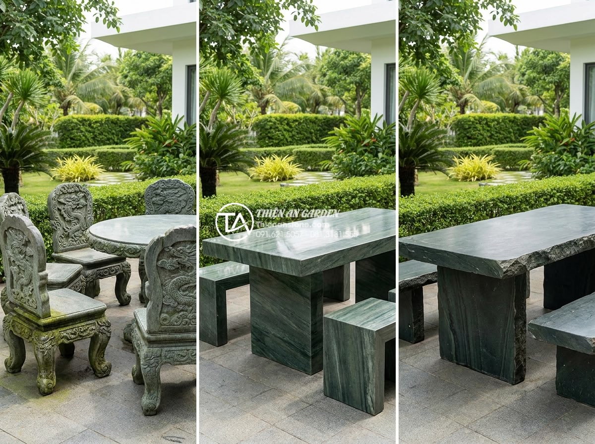 Top 10 mẫu bàn ghế đá tự nhiên Ninh Bình được đại gia săn đón - Hình 7 Top 10 mẫu bàn ghế đá tự nhiên Ninh Bình được đại gia săn đón - Professional comparison infographic showing three side-by-side high-resolution p