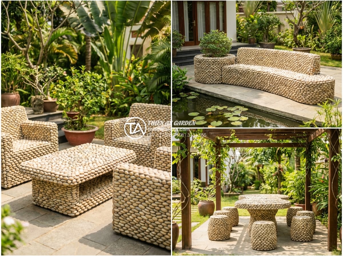 Top 10 mẫu bàn ghế đá tự nhiên Ninh Bình được đại gia săn đón - Hình 9 Top 10 mẫu bàn ghế đá tự nhiên Ninh Bình được đại gia săn đón - Real customer testimonial collage featuring three high-resolution photos of sati
