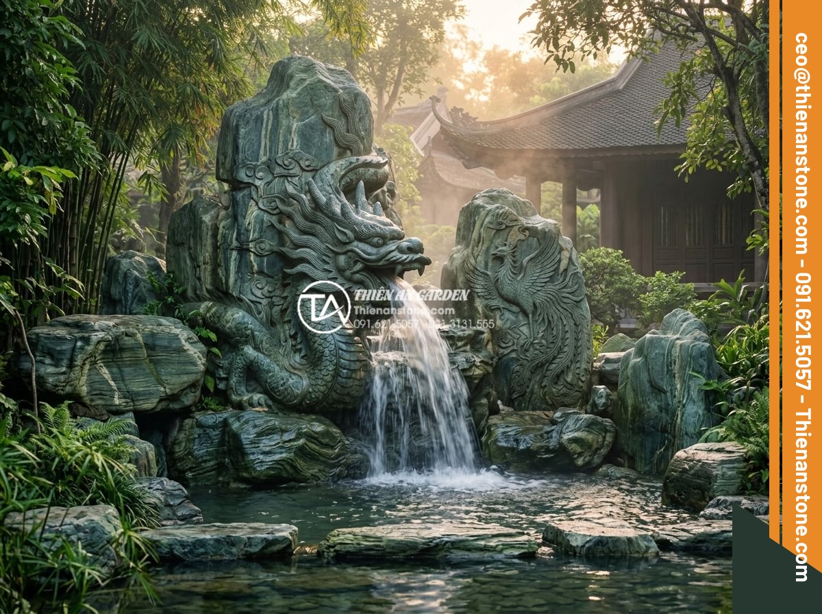 Top 10 mẫu tiểu cảnh thiền kết hợp thác nước phong thủy cực đẹp - Photorealistic majestic image of a powerful Zen garden waterfall with hand-carve