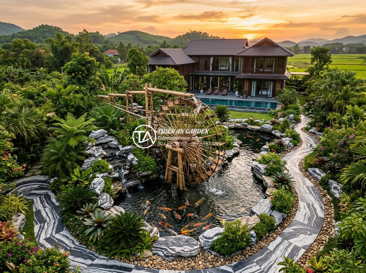 Top 15 mẫu tiểu cảnh guồng nước ống tre đẹp mê mẩn cho sân vườn 2026 - Stunning aerial drone view of a luxurious modern villa garden in Vietnam featuri