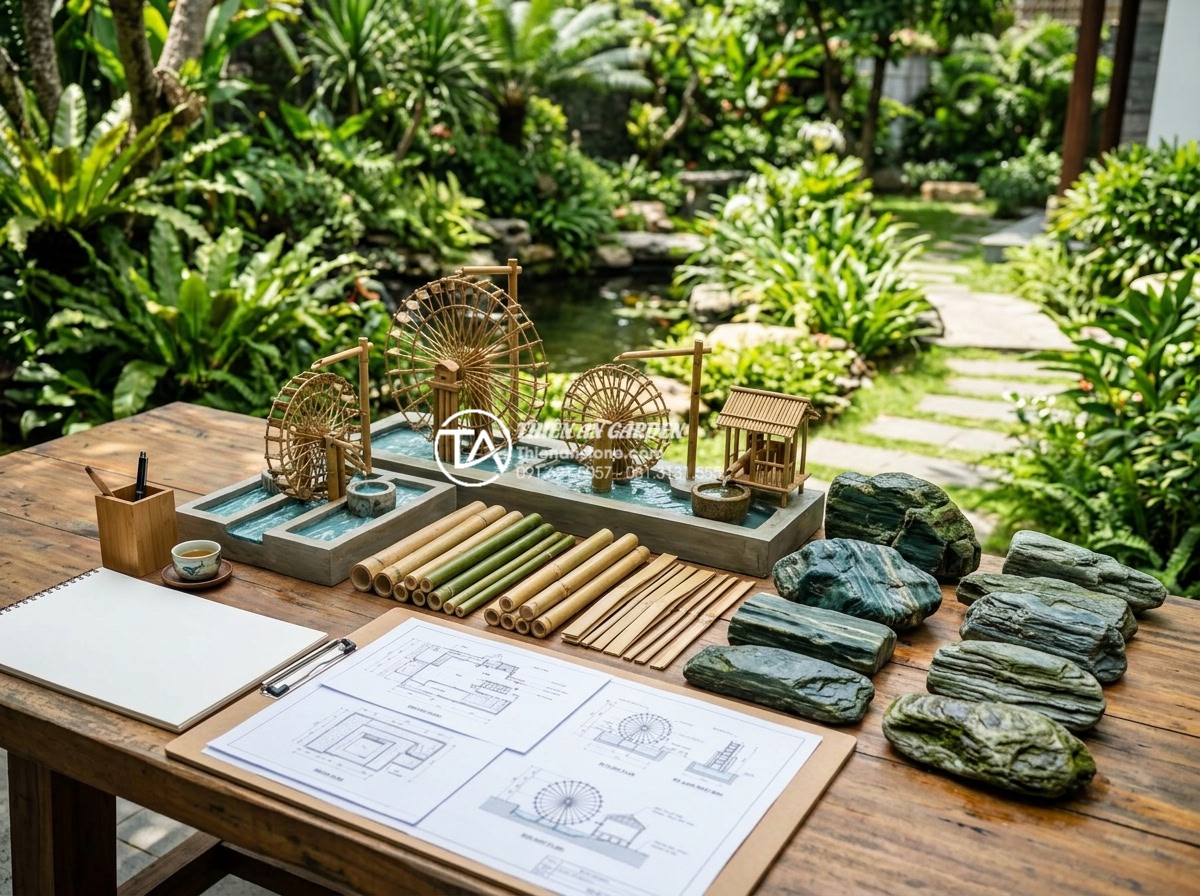Top 15 mẫu tiểu cảnh guồng nước ống tre đẹp mê mẩn cho sân vườn 2026 - Professional consultation scene showing landscape designer from Đá Cảnh Thiên An