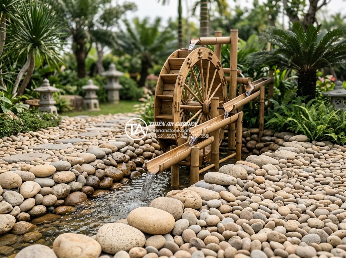 Top 15 mẫu tiểu cảnh guồng nước ống tre đẹp mê mẩn cho sân vườn 2026 - Elegant branding banner image featuring Đá Cảnh Thiên An logo with a stunning ba