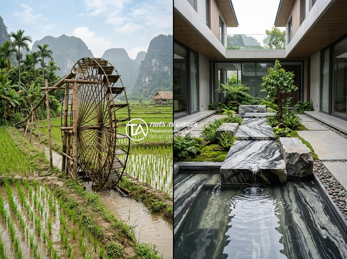 Top 15 mẫu tiểu cảnh guồng nước ống tre đẹp mê mẩn cho sân vườn 2026 - Split image concept showing historical evolution from traditional rural Vietname