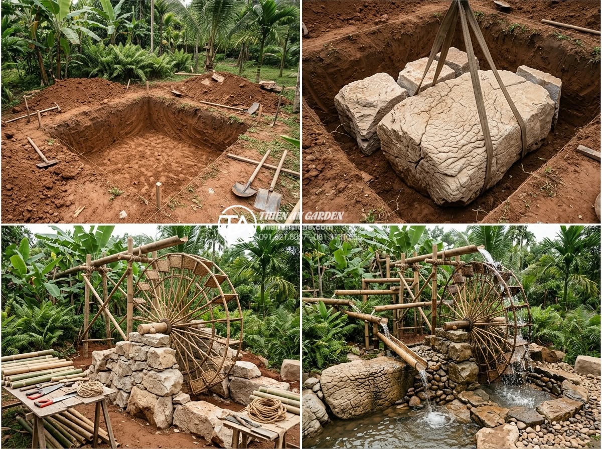 Top 15 mẫu tiểu cảnh guồng nước ống tre đẹp mê mẩn cho sân vườn 2026 - Documentary style sequence showing professional installation team from Đá Cảnh T