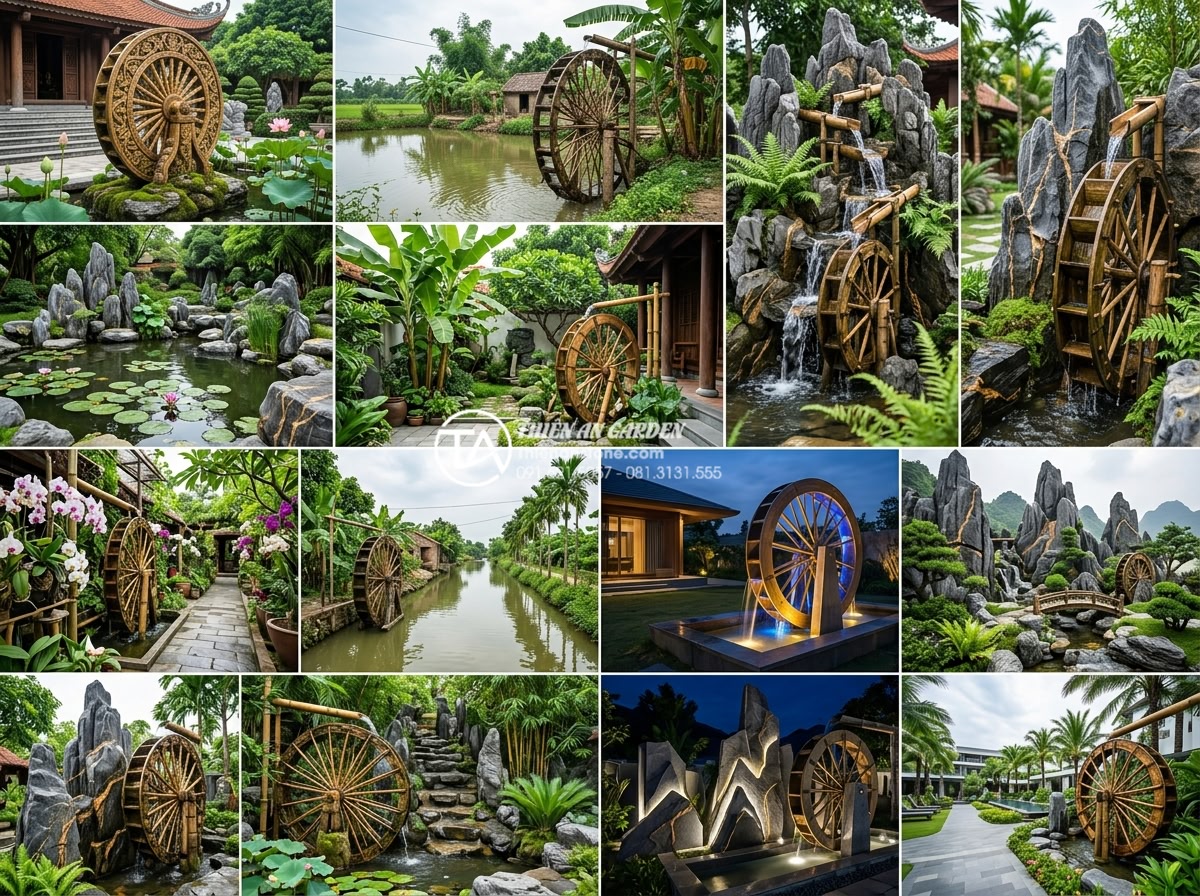 Top 15 mẫu tiểu cảnh guồng nước ống tre đẹp mê mẩn cho sân vườn 2026 - Professional collage showcasing all 15 unique bamboo water wheel garden designs 