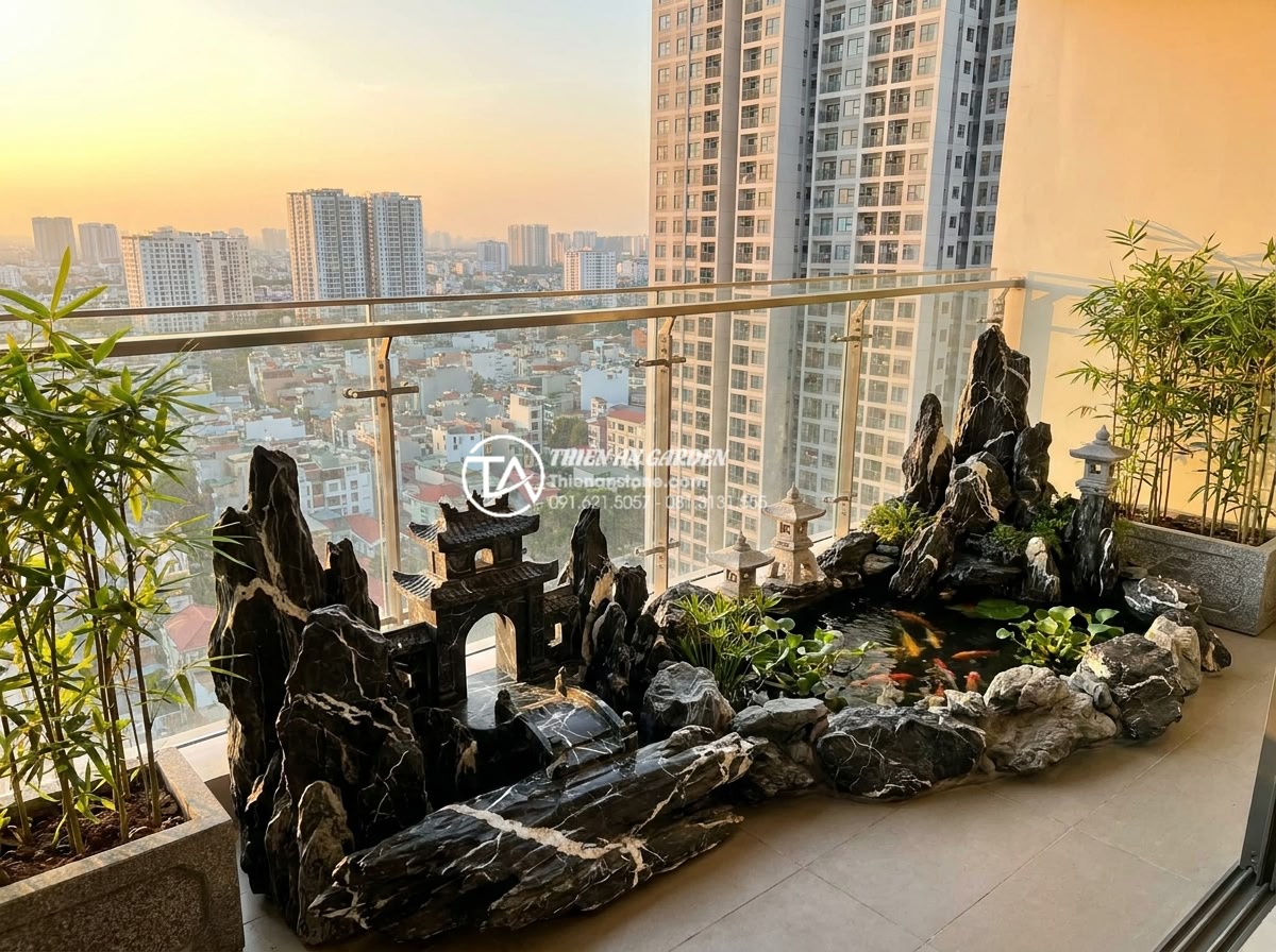 Top 15 mẫu tiểu cảnh làng quê Bắc Bộ hiện đại cho chung cư cao cấp - Luxury high-rise apartment balcony featuring authentic Northern Vietnamese villa