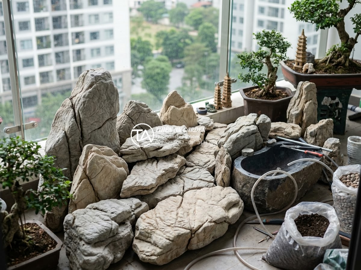 Top 15 mẫu tiểu cảnh làng quê Bắc Bộ hiện đại cho chung cư cao cấp - Hình 10 Top 15 mẫu tiểu cảnh làng quê Bắc Bộ hiện đại cho chung cư cao cấp - Professional team from Thien An Stone installing custom Northern Vietnamese vill