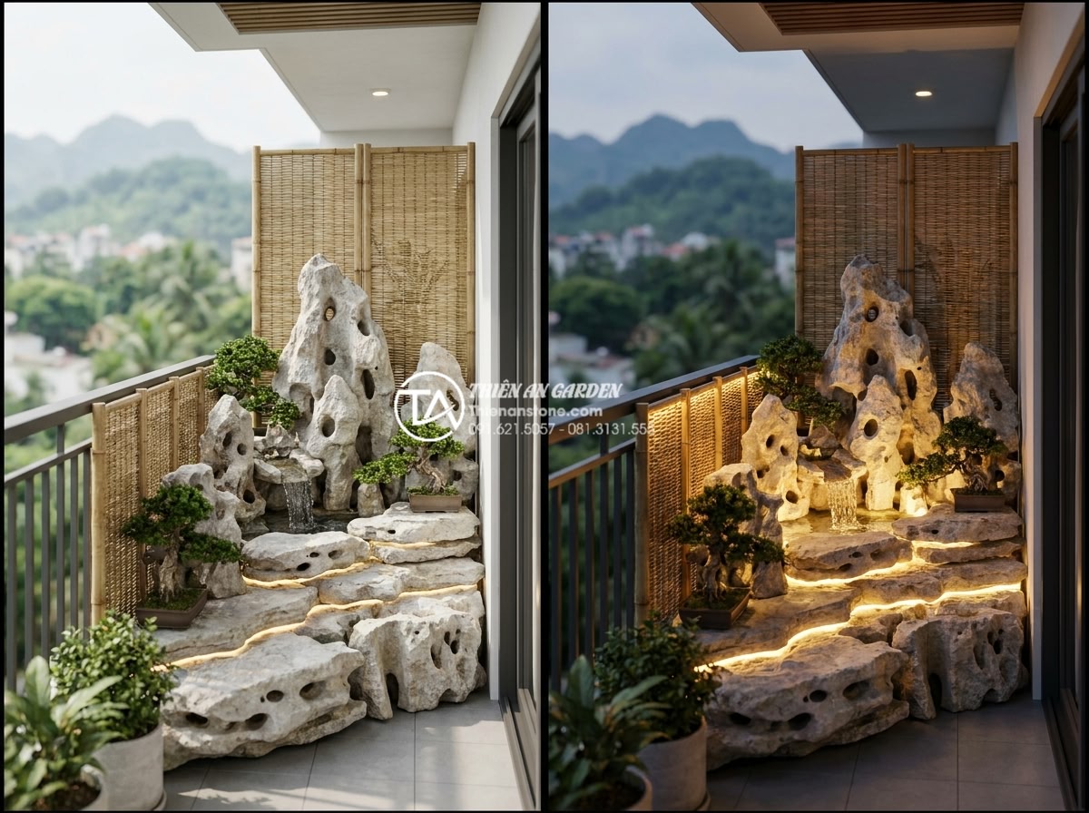 Top 15 mẫu tiểu cảnh làng quê Bắc Bộ hiện đại cho chung cư cao cấp - Hình 4 Top 15 mẫu tiểu cảnh làng quê Bắc Bộ hiện đại cho chung cư cao cấp - Professional 3D rendering of modern high-end condo balcony designed with authent