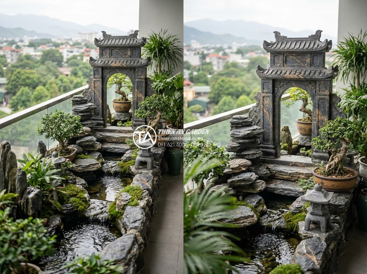 Top 15 mẫu tiểu cảnh làng quê Bắc Bộ hiện đại cho chung cư cao cấp - Hình 5 Top 15 mẫu tiểu cảnh làng quê Bắc Bộ hiện đại cho chung cư cao cấp - Detailed view of two luxury condo balcony mini landscapes featuring authentic ca