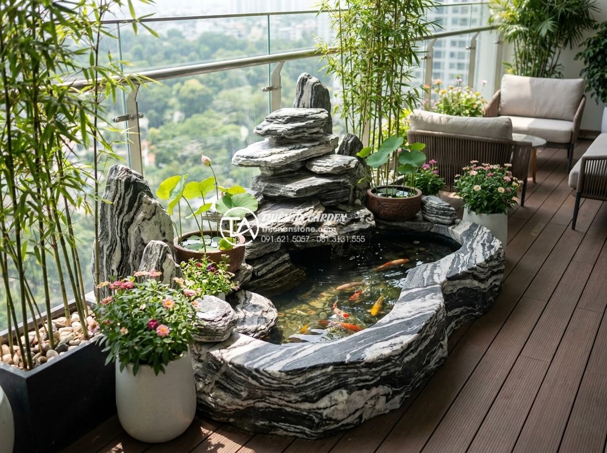 Top 15 mẫu tiểu cảnh làng quê Bắc Bộ hiện đại cho chung cư cao cấp - Hình 6 Top 15 mẫu tiểu cảnh làng quê Bắc Bộ hiện đại cho chung cư cao cấp - Beautiful high-end apartment balcony with modern Northern Vietnamese village min
