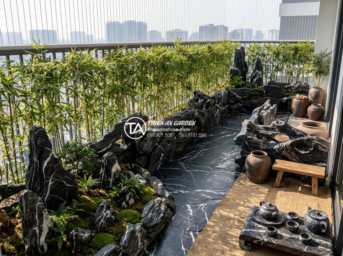Top 15 mẫu tiểu cảnh làng quê Bắc Bộ hiện đại cho chung cư cao cấp - Hình 8 Top 15 mẫu tiểu cảnh làng quê Bắc Bộ hiện đại cho chung cư cao cấp - Modern luxury condo balcony transformed into Northern Vietnamese village scene w