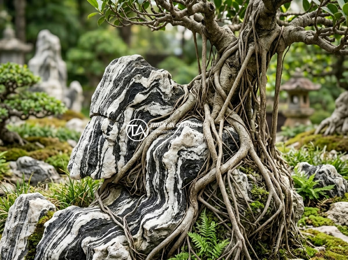 Top 5 loại cây lý tưởng nhất để làm tiểu cảnh đá ôm cây bền đẹp - Professional close-up photograph of a stunning Vietnamese stone bonsai landscape
