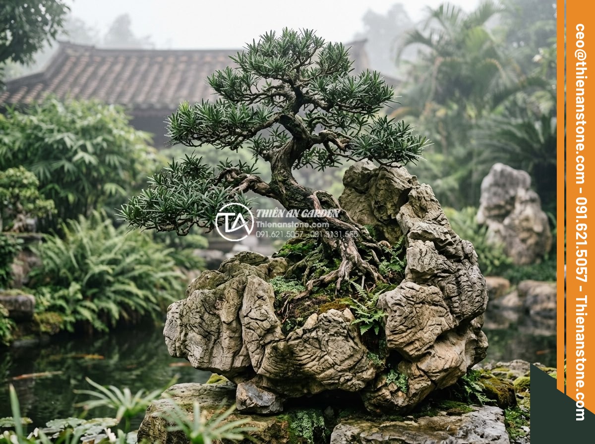 Top 5 loại cây lý tưởng nhất để làm tiểu cảnh đá ôm cây bền đẹp - Hình 5 Top 5 loại cây lý tưởng nhất để làm tiểu cảnh đá ôm cây bền đẹp - Realistic high-resolution image of a Podocarpus macrophyllus bonsai with roots s
