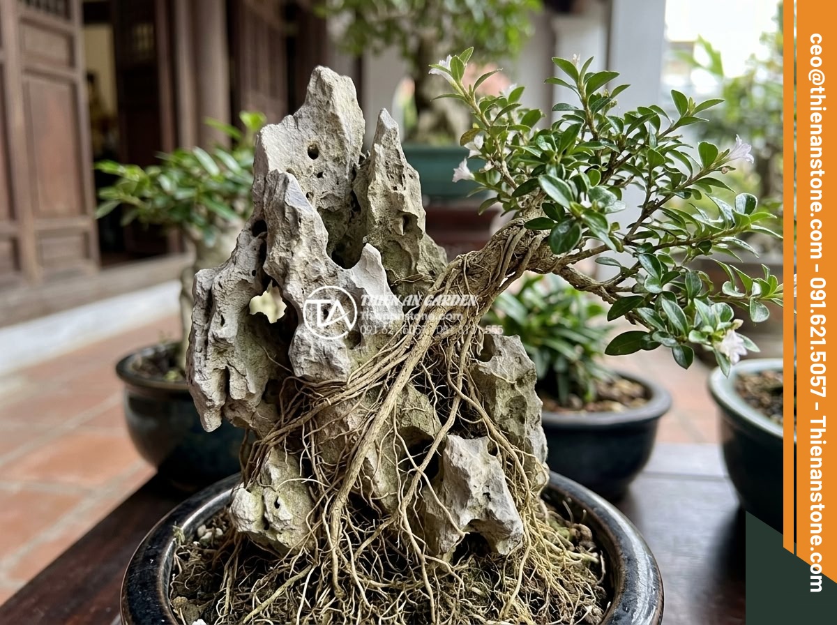Top 5 loại cây lý tưởng nhất để làm tiểu cảnh đá ôm cây bền đẹp - Hình 6 Top 5 loại cây lý tưởng nhất để làm tiểu cảnh đá ôm cây bền đẹp - Close-up realistic photo of a delicate Serissa foetida or Mai Chieu Thuy bonsai