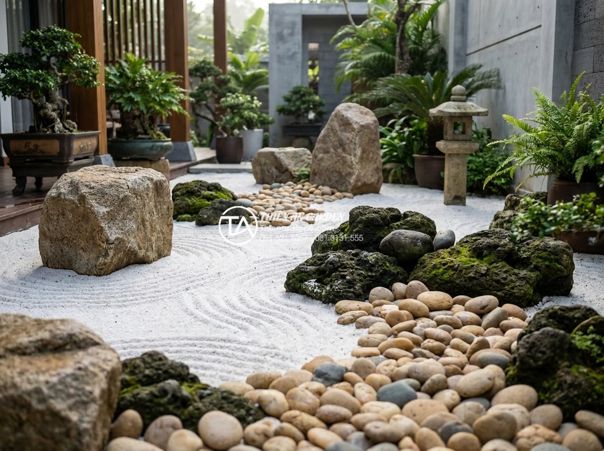 Top 50+ mẫu tiểu cảnh thiền đẹp dẫn đầu xu hướng thiết kế 2026 - Serene Japanese Zen garden featuring large natural granite boulders, raked white