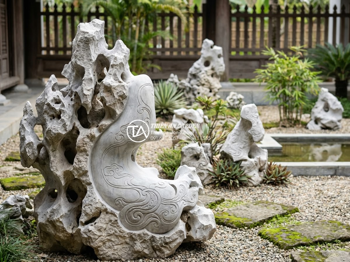 Top 50+ mẫu tiểu cảnh thiền đẹp dẫn đầu xu hướng thiết kế 2026 - Artistic hand-carved stone art pieces in modern Zen garden setting featuring det