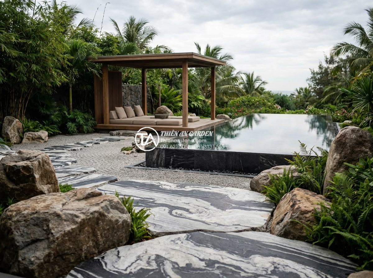 Top 50+ mẫu tiểu cảnh thiền đẹp dẫn đầu xu hướng thiết kế 2026 - High-end resort Zen garden with premium stone elements, infinity pool integratio