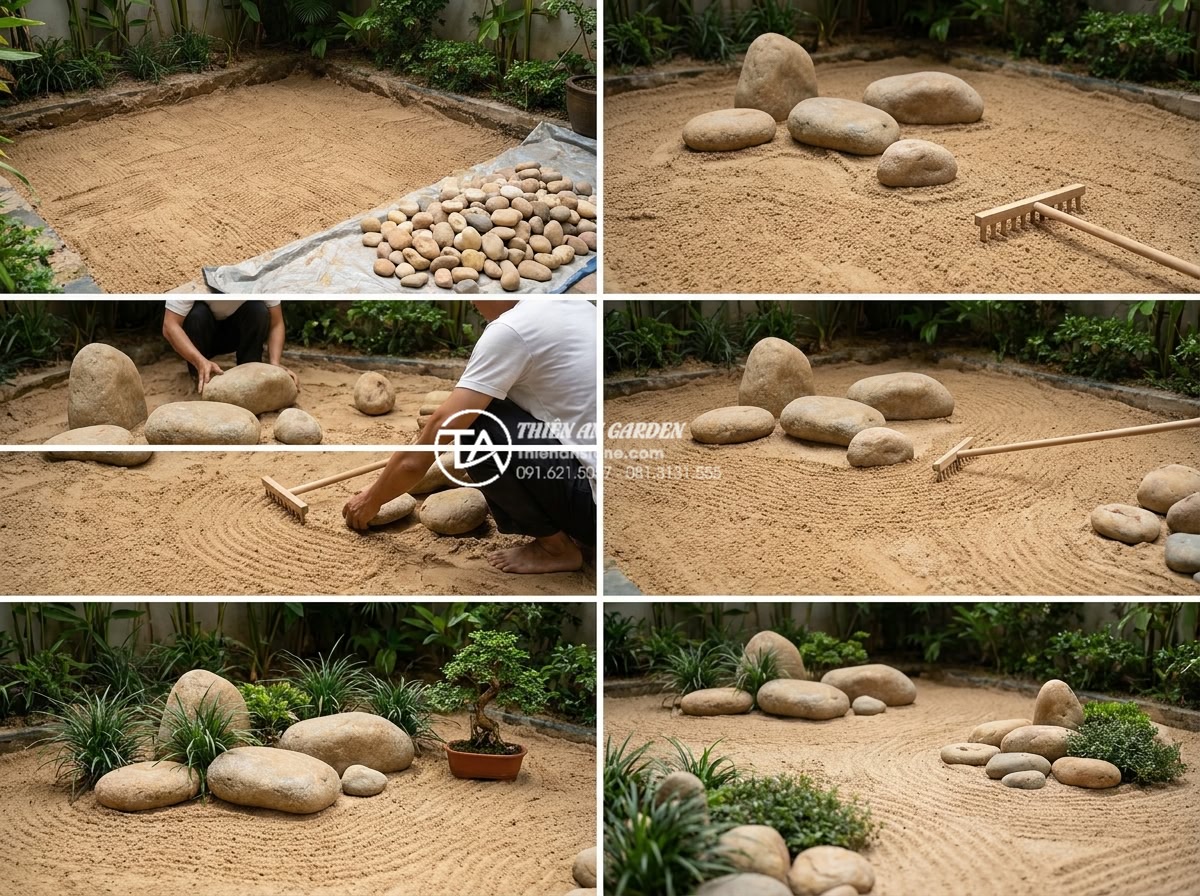 Top 50+ mẫu tiểu cảnh thiền đẹp dẫn đầu xu hướng thiết kế 2026 - Step-by-step professional construction process of a Zen garden with natural ston