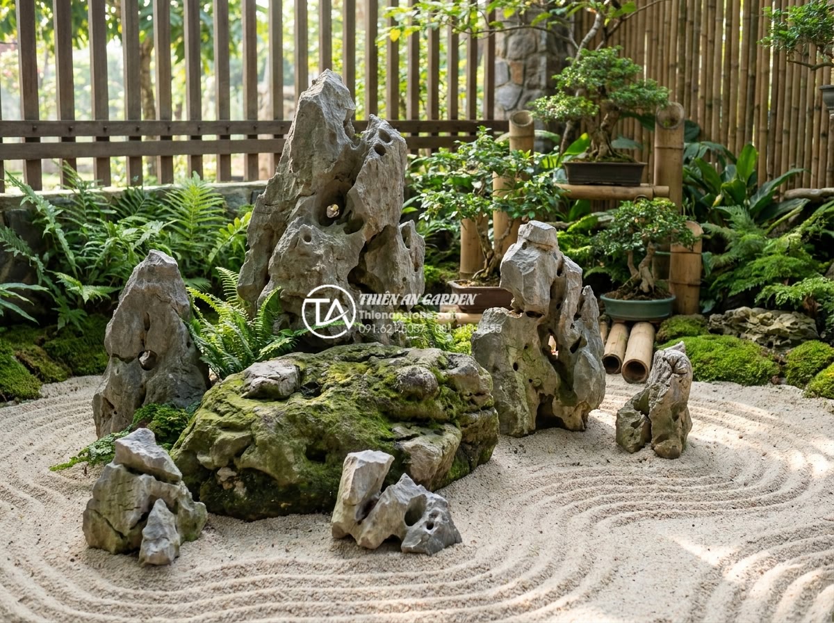 Top 50+ mẫu tiểu cảnh thiền đẹp dẫn đầu xu hướng thiết kế 2026 - Feng shui elements in Zen garden showing symbolic stone placements, sand pattern