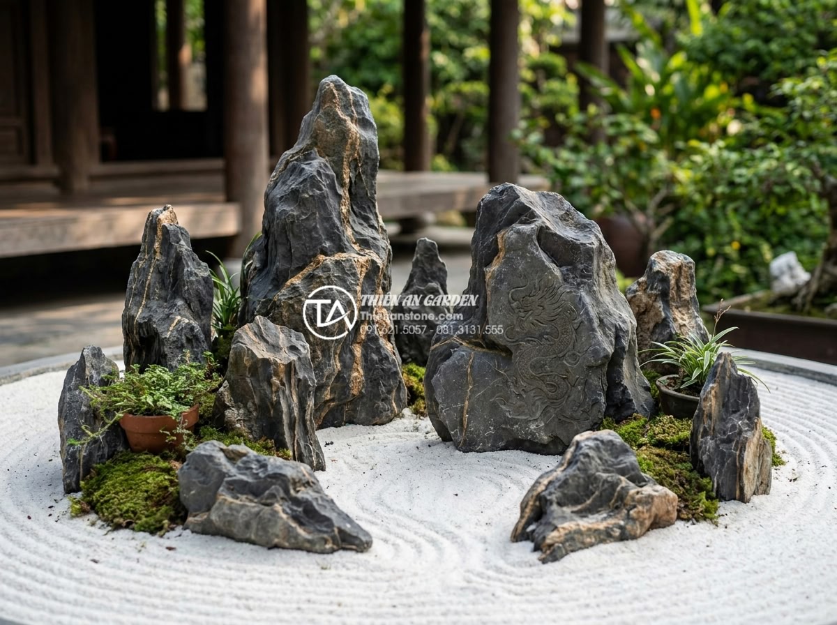 Top 50+ mẫu tiểu cảnh thiền đẹp dẫn đầu xu hướng thiết kế 2026 - Symbolic Zen garden layout highlighting feng shui principles with natural stones