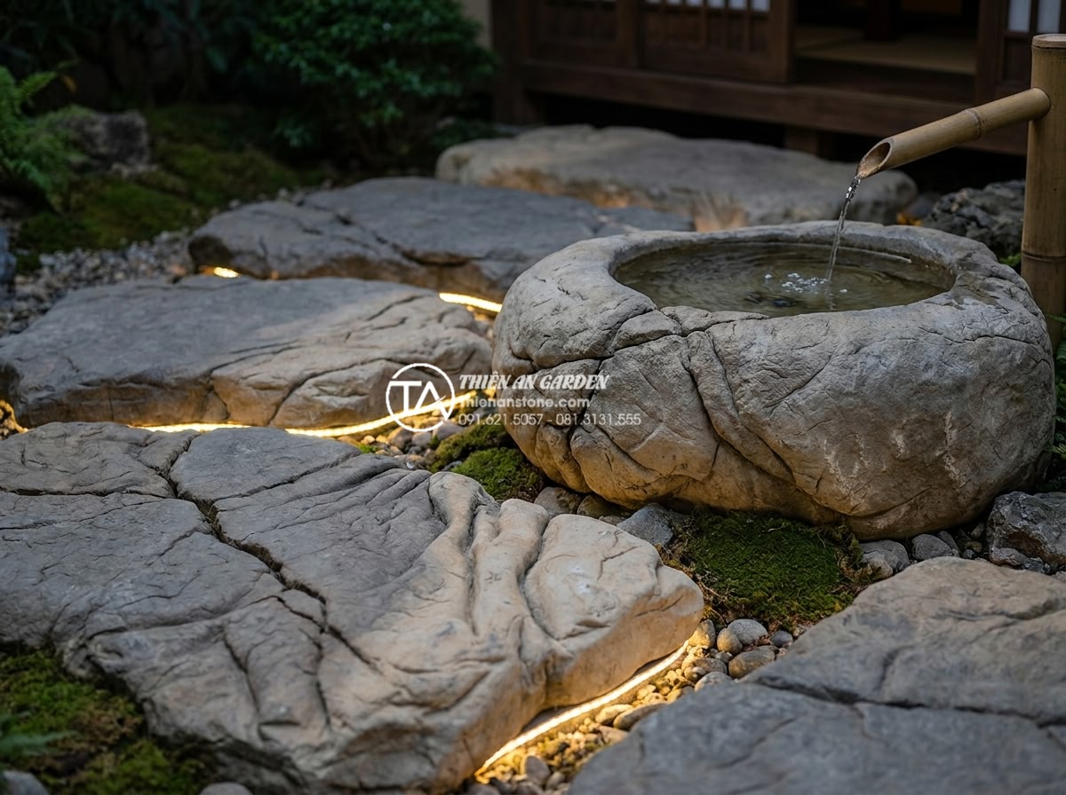 Top 50+ mẫu tiểu cảnh thiền đẹp dẫn đầu xu hướng thiết kế 2026 - Detailed close-up of hand-carved natural stone elements in a contemporary Zen ga