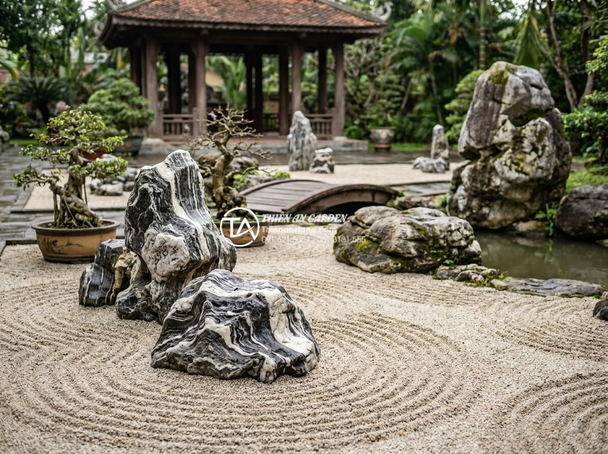 Top 50+ mẫu tiểu cảnh thiền đẹp dẫn đầu xu hướng thiết kế 2026 - High-quality natural granite and basalt stones arranged in a classic Zen garden 