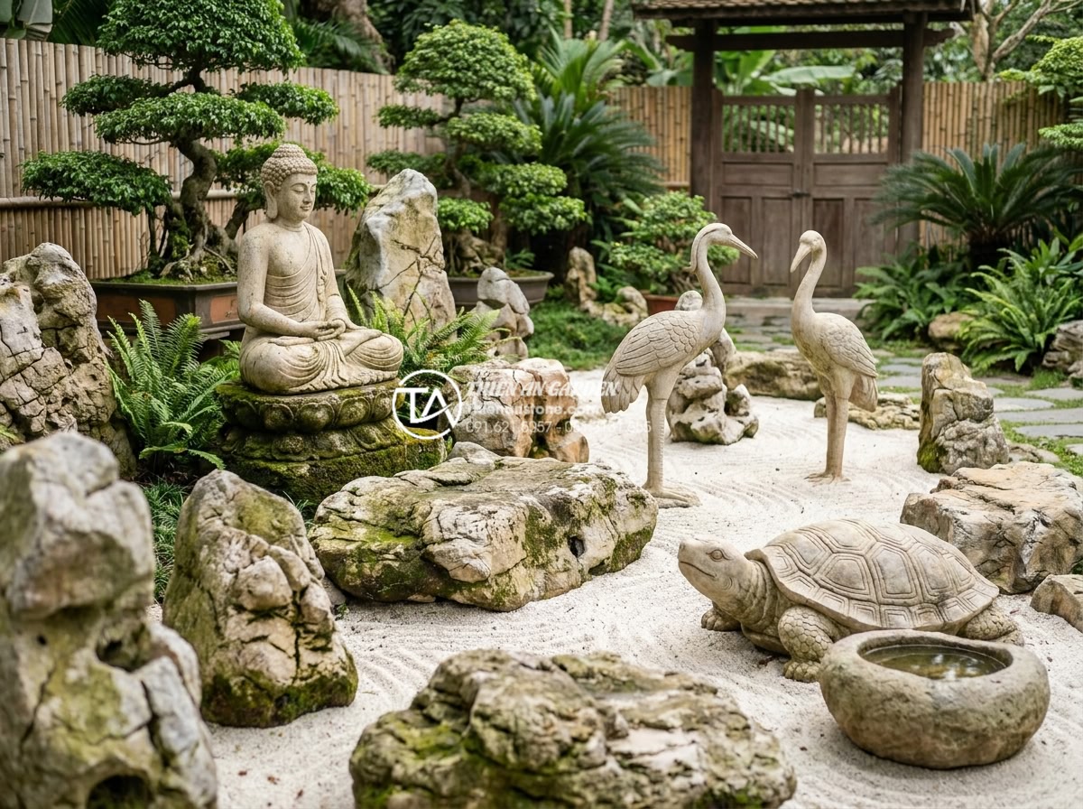 Top 50+ mẫu tiểu cảnh thiền đẹp dẫn đầu xu hướng thiết kế 2026 - Intricately carved decorative stone sculptures of Buddha, cranes, and turtles in