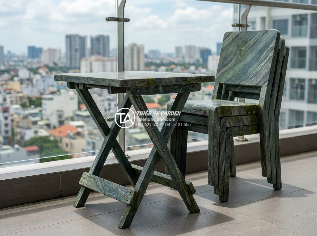 Top 7 mẫu bàn ghế đá tự nhiên Yên Bái vân đá cực phẩm năm 2026 - Hình 7 Top 7 mẫu bàn ghế đá tự nhiên Yên Bái vân đá cực phẩm năm 2026 - Compact modern outdoor natural stone furniture set from Yen Bai marble with subt