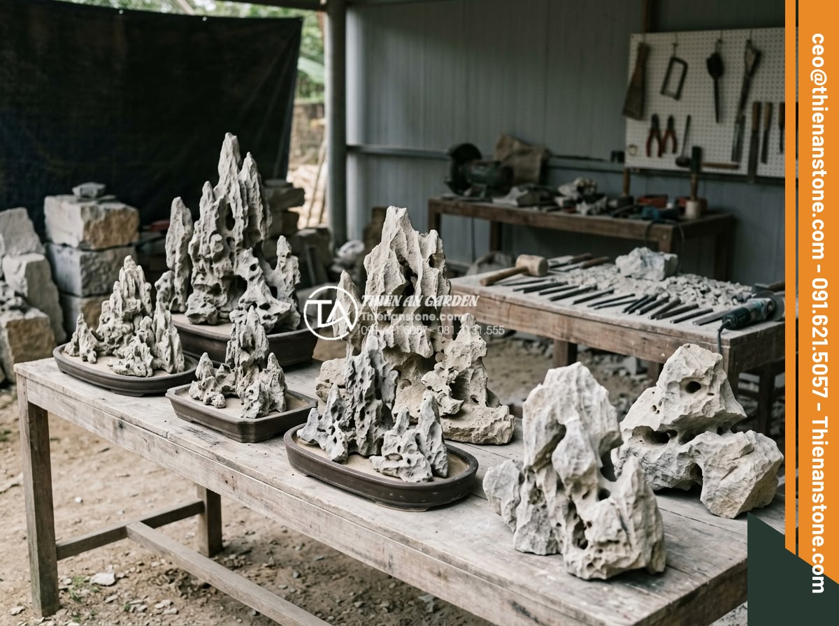 Ứng dụng tiểu cảnh thiền trong văn phòng làm việc để giảm stress - Professional craftsmen carving natural stones into zen garden elements in a work